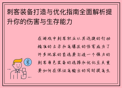 刺客装备打造与优化指南全面解析提升你的伤害与生存能力